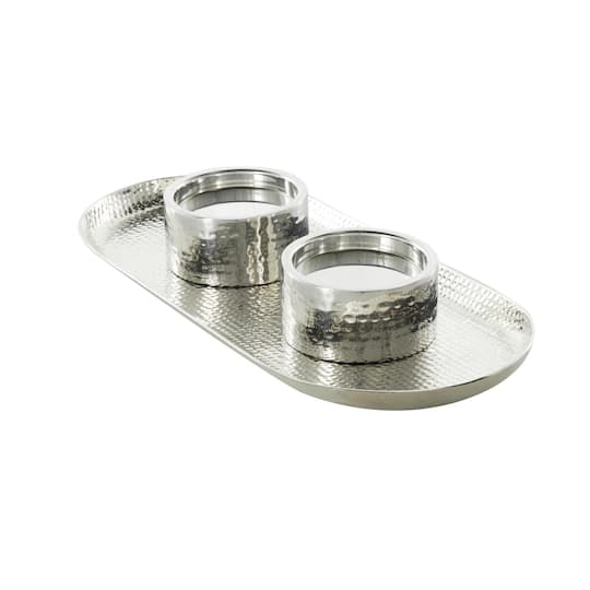 16" Silver Stainless Steel Metal Hammered Candle Holder with Oval Tray Plate
